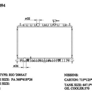 RAD-KA-AT26-335 Radiator Cartype: Rio 08 /G4EE 2010-2011 Application: At Core Size: 368*618*26 OEM：253101G000 NS：66687/66769 Carton: 715*135*545 Oil Cooler: 370MM