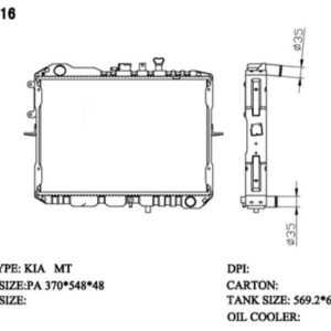 RAD-KA-MT36-298 Radiator Cartype: For Iraq /besta 2.2 Mt Application: Mt Core Size: 370*548*36 OEM：/ Carton: 665*150*530 Oil Cooler:/