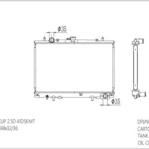 RAD-MB-MT26-299 Radiator Cartype: L200 Pickup 2.5D 41D56/4G63 1996-2007 Application: Mt Core Size: 375*598*26 OEM：MR481785 NS：628978 Carton: 635*105*515 Oil Cooler:/