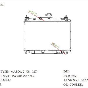 RAD-MZ-MT26-316 Radiator Cartype: Mazda 2 /ZJ-46 2011-2014 Application: Mt Core Size: 350*558*26 OEM：ZJ3815200A NS：68504 Carton: 600*115*525 Oil Cooler:/