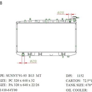 RAD-NS-MT26-290 Radiator Cartype: Sunny N14 1.4/1.5/1.6 1991-1993 Application: Mt Core Size: 320*648*26 OEM：2141064Y00 NS：62952 CARTON:710*130*485 Oil Cooler:/