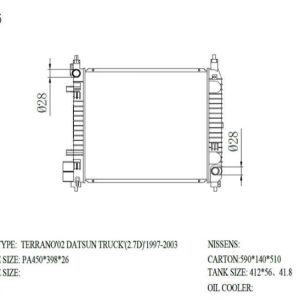 RAD-NS-MT26-338 Radiator Cartype: TERRANO02 Datsun TRUCK(2.7D) 1997-2003 Application: Mt Core Size: 450*398*26 OEM：/ Carton: 590*140*510 Oil Cooler:/