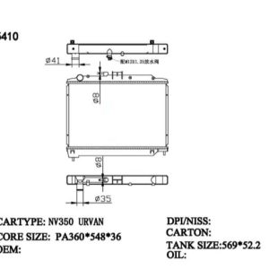 RAD-NS-MT36-347 Radiator Cartype: Urvan NV350 /YD25DDTI 2012- Application: Mt Core Size: 360*548*36 OEM：214103XC0A CARTON:585*135*530 Oil Cooler:/