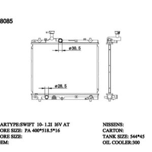 RAD-SZ-AT16-353 Radiator Cartype: Suzuki SWIFT(10-)1.2 I 16V/K12B 2010- Application: At Core Size: 400*516.5*16 OEM：1770069L30 NS：69402 Carton: 580*155*570 Oil COOLER:300MM