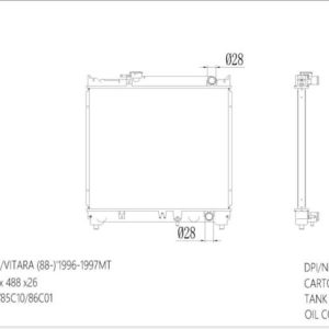 RAD-SZ-MT26-327 Radiator Cartype: Sidekick/vitara (88-)/VITARA G16B 1990-1998 Application: Mt Core Size: 425*488*26 OEM：1770056B00/5602 NS：64155 CARTON:570*100*540 Oil Cooler:/