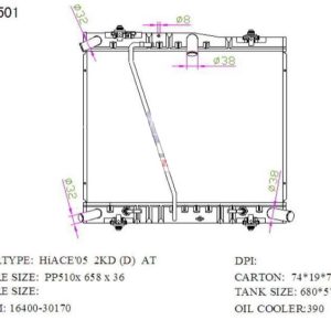 RAD-TY-AT36-208 Radiator Cartype:hiace / Commuter V (TRH2__, KDH2__, LH2__, GDH2__) 3.0 D (KDH223) 2010-2014 Application: At Core Size: 510*658*36 OEM：1640030170/ NS:646912 Carton: 740*190*715 Oil Cooler: 390MM