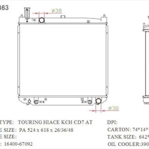 RAD-TY-AT36-346 Radiator Cartype: Hiace Regius 2.5D /2KD-FTV 2006- Application: At Core Size: 524*618*36 OEM：1640067092 CARTON:730*125*670 Oil COOLER:390MM